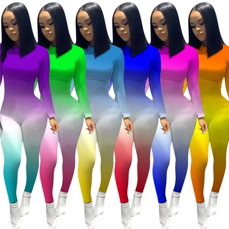 

LO-2082607 Long sleeve bodycon jumpsuit skinny tie dye women rompers