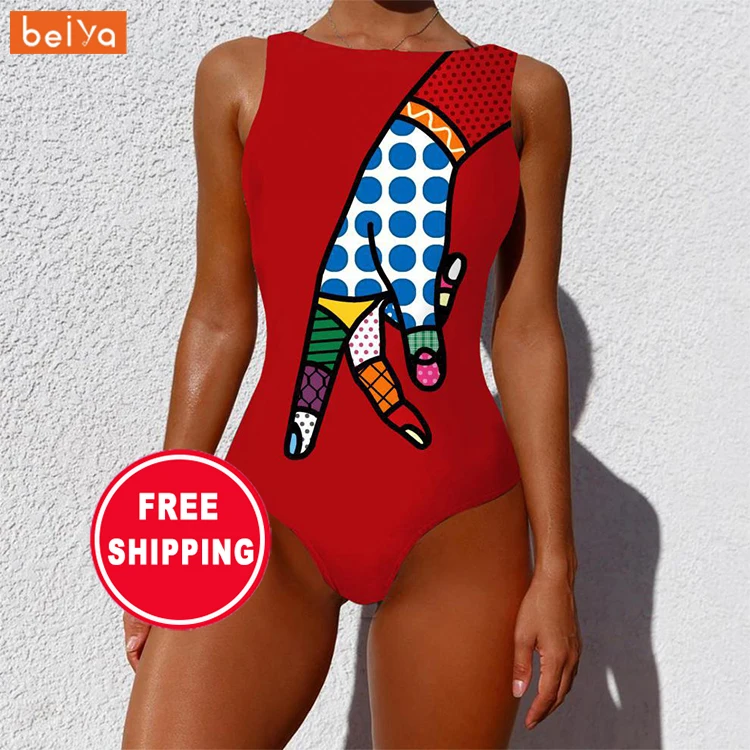 

Swimsuit 2022 Summer New One Piece Sexy Bikini Personality Abstract Printing Women's Bath Suit Sleeveless Swimsuit, Blue,green,orange+black,white