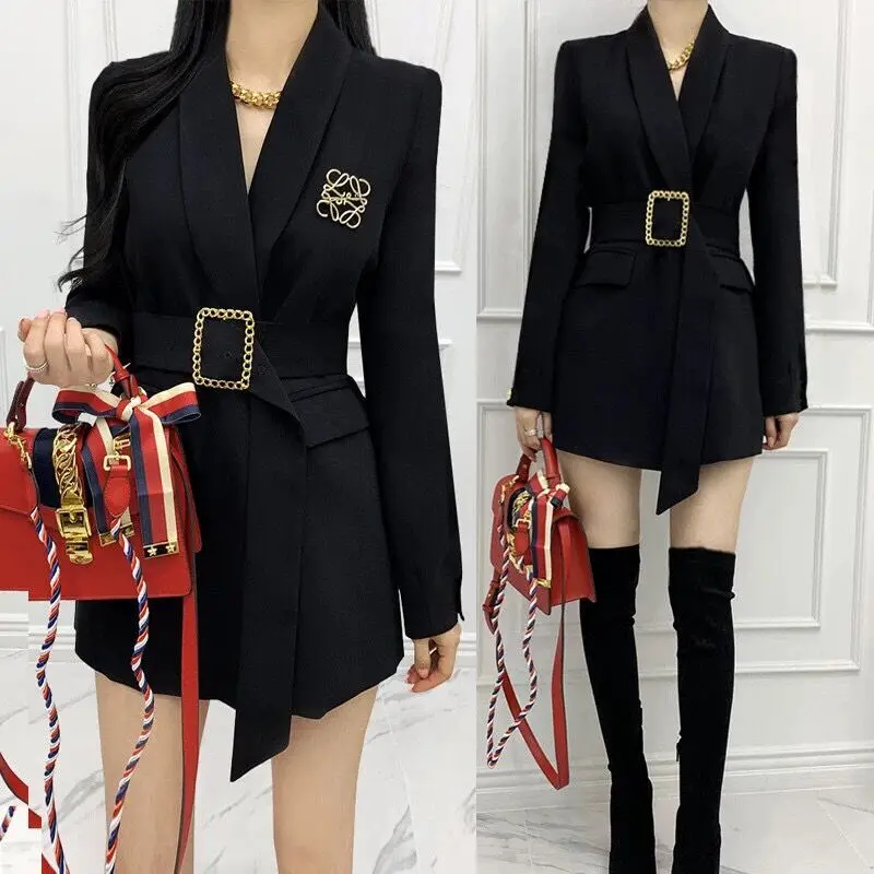 

A4056 High Quality Black V Neck Belted Pocket Brooch Formal Clothing Women Blazer Coats