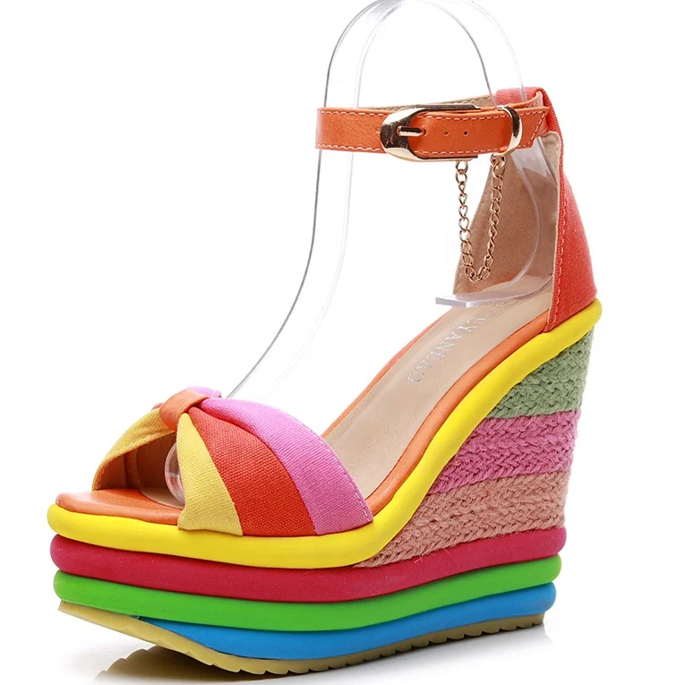 

High Heel Straw Braid Women Sandals Open Peep Toe Bowknot Pumps Shoes Colorful Rainbow Muffin Wedge Sandals for Lady Girls, Oranve,blue