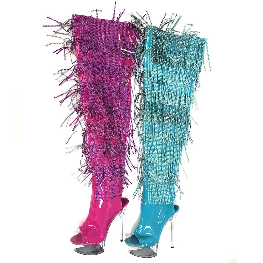 New Style 6 Inches Sexy Fetish Fringe Over the Knee Boots Peep Toe Fashion Stripper Gothic Platform Nightclub Pole Dance Models