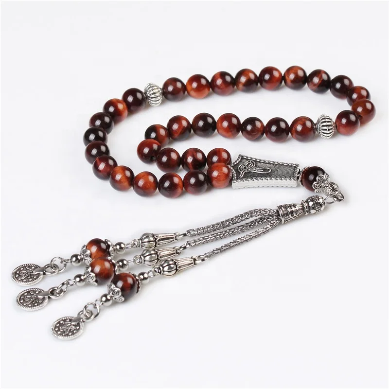 

Silver Tassel Natural Red Tiger Eye Stone Allah Tasbeeh Muslim Prayer Beads Sibha Masbaha Rosary