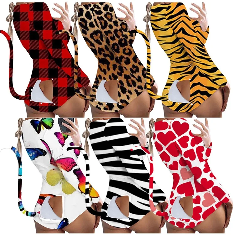 

LXE New Hot Sexy Ladies Rompers Tail Long Sleeve Leopard Print Homewear Women Short Jumpsuits Pajamas