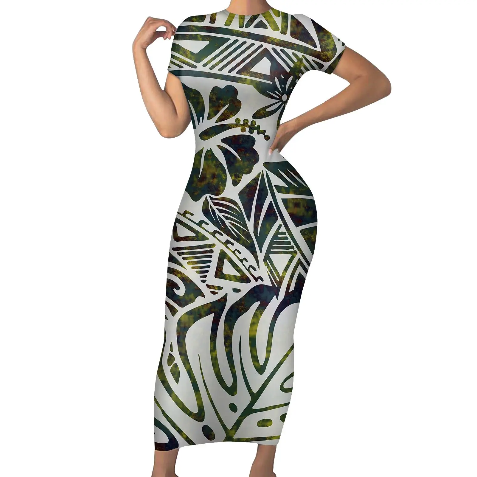 

Wholesale Plus Size Women Dresses Fashion Tribal Print Dresses Poynesian Flowers Fabric Yellow Tribal Polynesian Design Fabric, Customized color