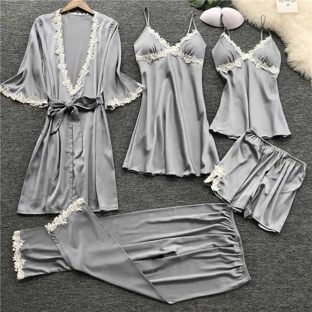 

Silk long sexy ladies 5 piece lingerie robe set women bedroom sleepwear women loungewear