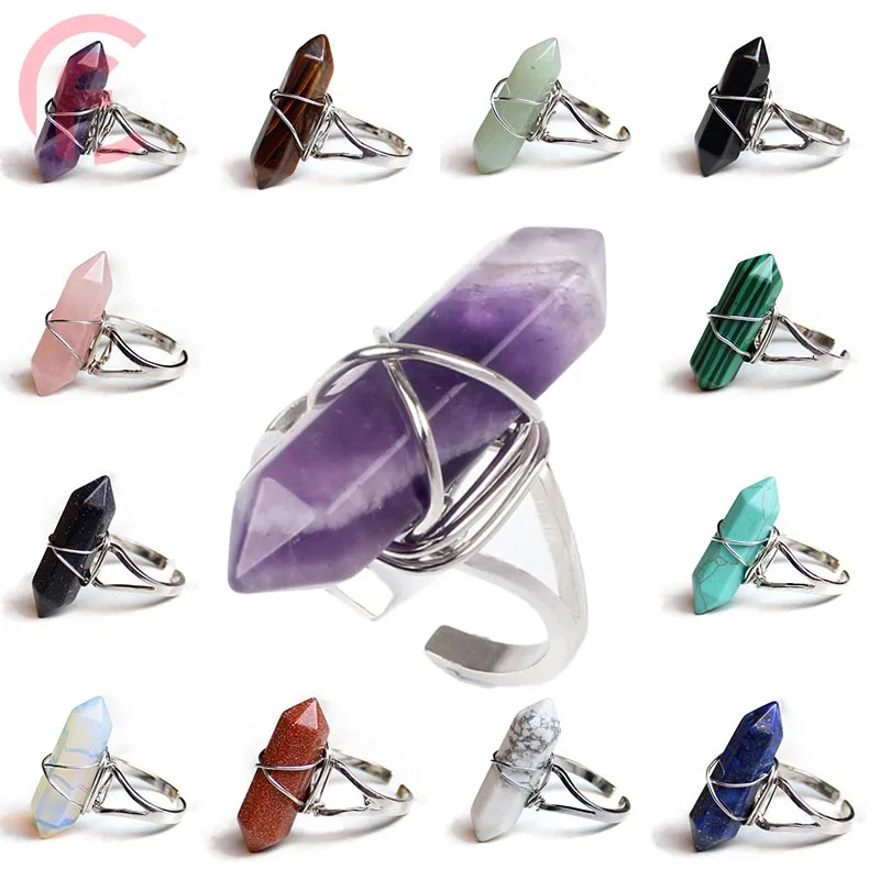 

Natural Stone Adjustable Crystal Hexagonal Pendulum Bullet Ring for Women Amethyst Rose Crystal Raw Stone Winding Gemstone Ring