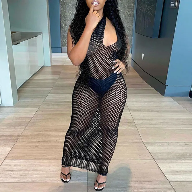

FS3327D sexy summer See Through Women Fashion Maxi Dress Sleeveless Strap Female Clubwear Apparel