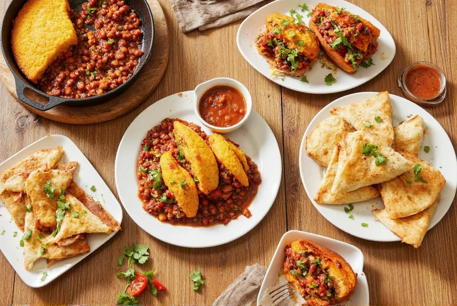 Assortment of dishes made from leftover chili including cornbread skillet, stuffed sweet potatoes, and quesadillas arranged on wooden table