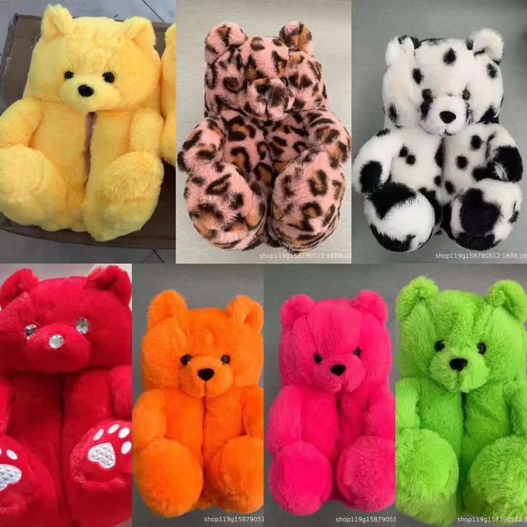 

Customized fuzzy stuffed Teddy bear warm soft sole indoor slipper, Picture