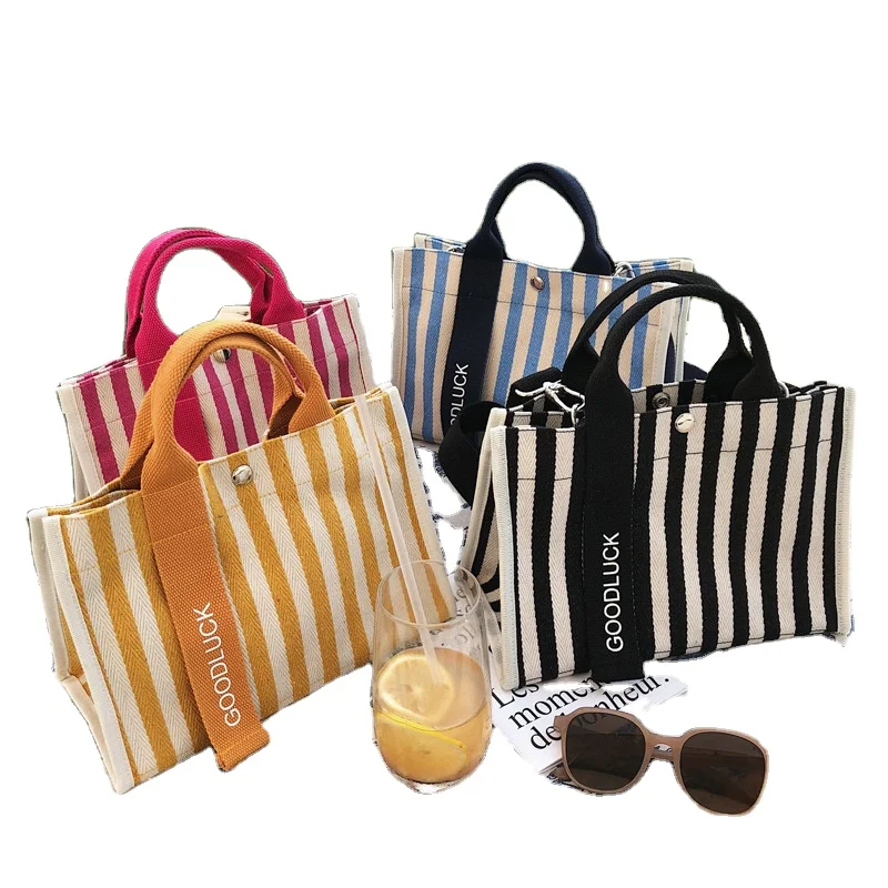 

Striped Hand-held Diagonal Small Bag Shoulder Canvas Tote Bag, Black,white