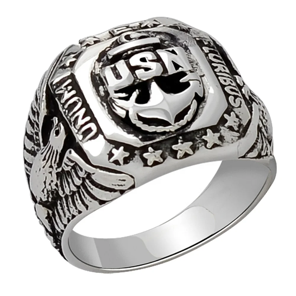 

Engraved Special USN Eagle Navy Antique Punk Style 925 Sterling Silver Jewelry Men Ring