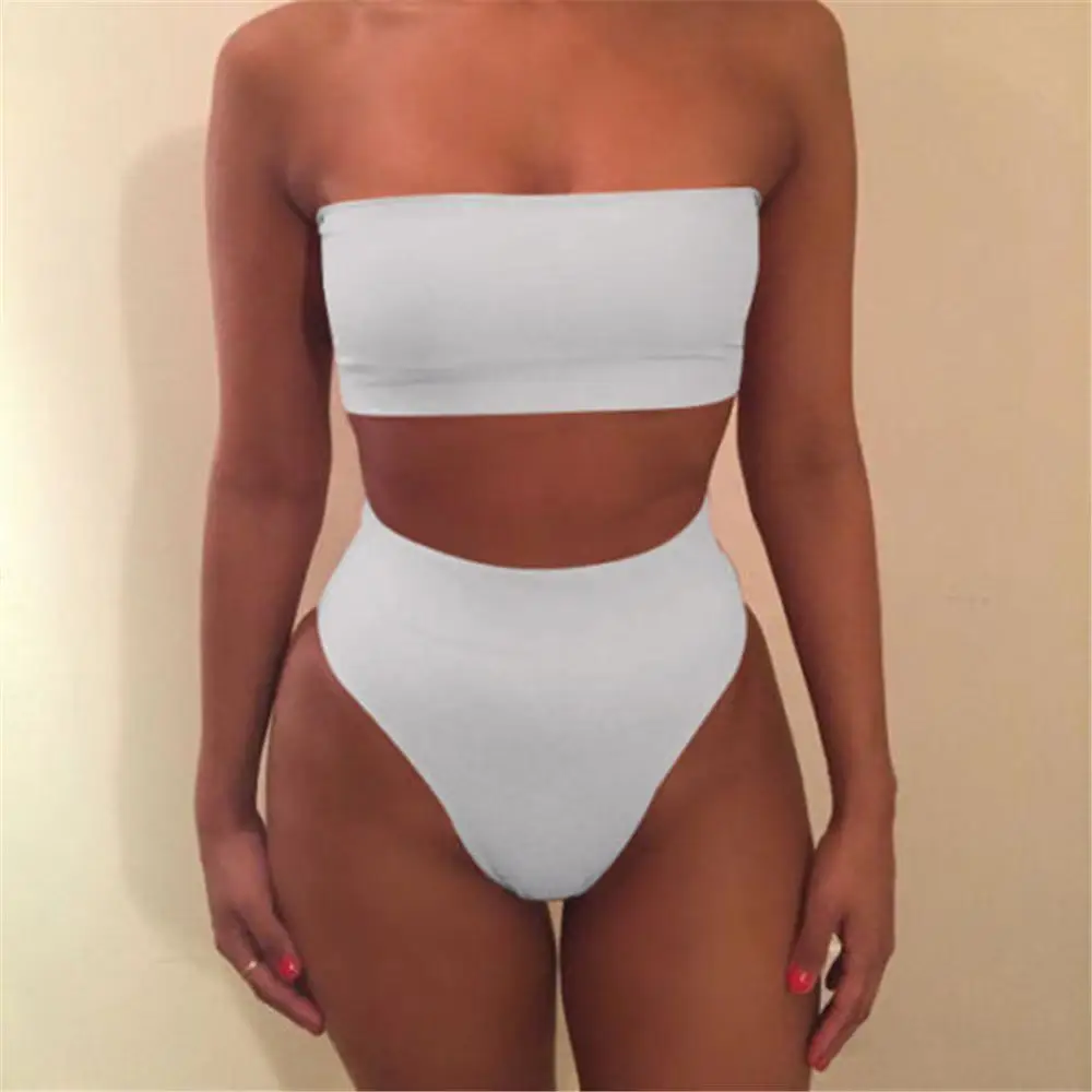 

New Bikini Girls Swimwear Photos Hot Sexy Women's 2 Piece Solid Bandeau Swimsuit Top Bottom Set, Can be customized