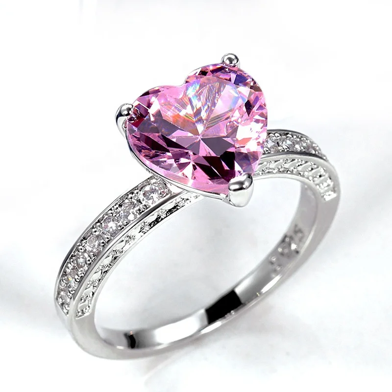 

Romantic Pink Heart Rings Women Brilliant Cubic Zircon Bridal Wedding Party Rings Simple Stylish Female Accessories Hot, Picture shows