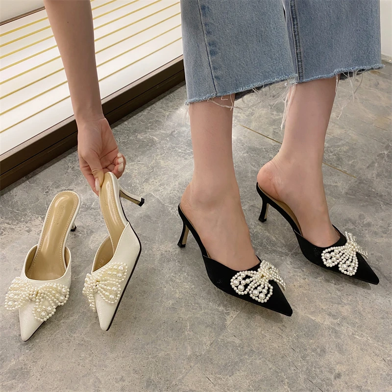 

Brand shoes faux pearl embellished satin women chic mules high heel pointy toe lady slipper sandal outer wear girl slides