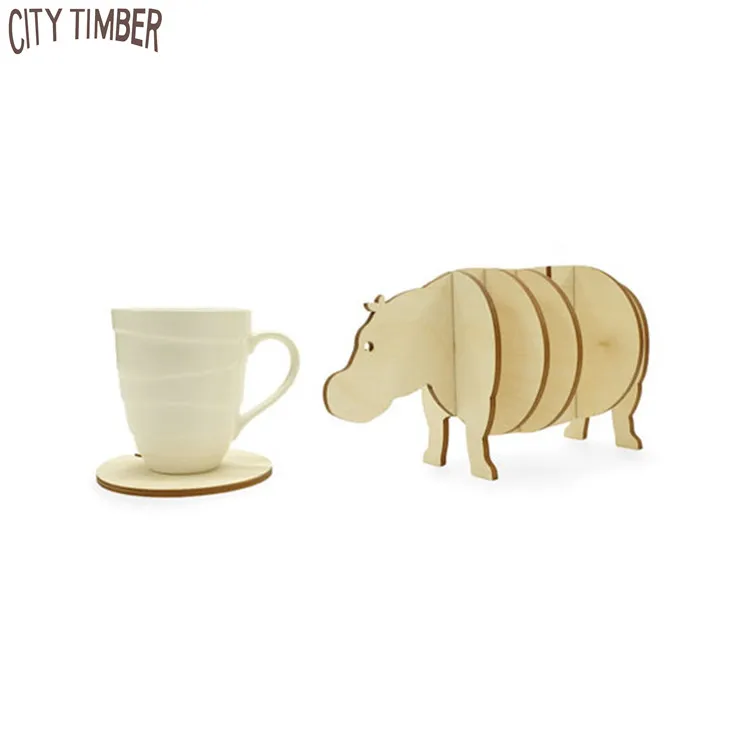 

Laser cut wood 3D hippo cup coaster set, Natural wood color