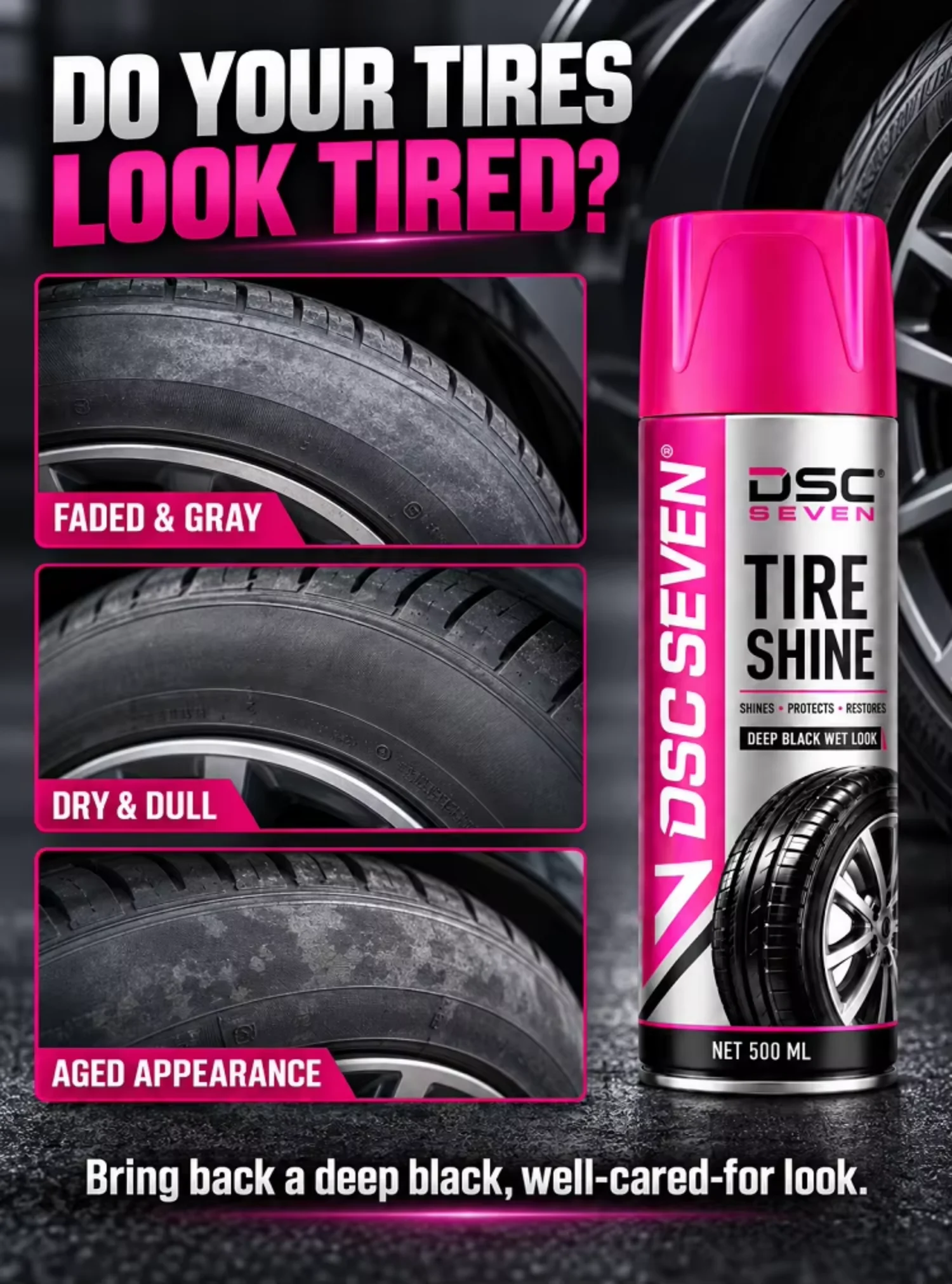 Automotive Tire Shine Aerosol Spray Black Wet Look Rubber Protectant 500ml Long Lasting Gloss Car Wheel Dressing Product