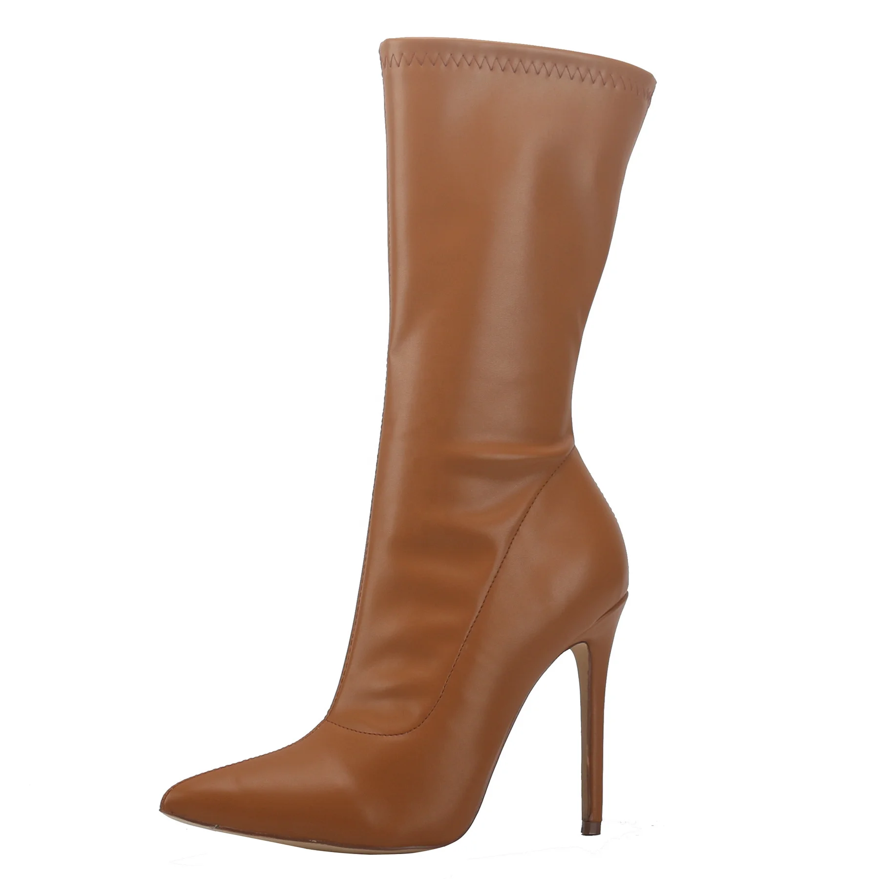 

Concise Design Solid Thin Heel Pointed Toe Half Knee High Women Boots Side Zip Skintight Mid-calf Women Booties Large Size 44, Brown