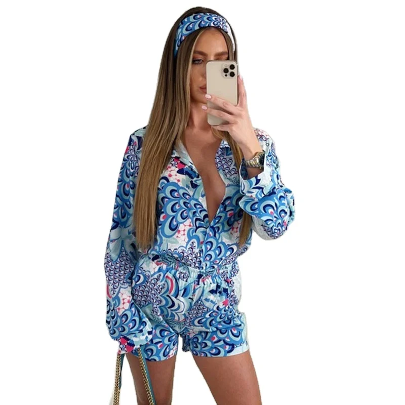

Summer Women Red Print Long Sleeve Blouses Tops Shirts And Mini Shorts Set Y2K Casual Three Piece Sets Party Sexy Outfits 10%
