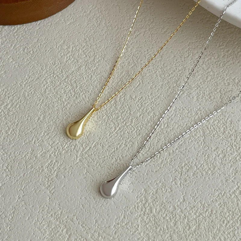 Ins Fashion 925 Silver Plain Simple Water Drop Shape Necklaces Jewelry 18K Gold Plated Sterling Silver Necklaces for Women