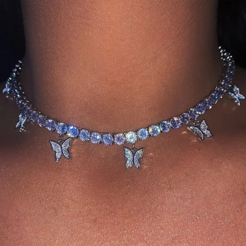 

Luxury Women Rhinestones Choker Chains Necklace Sparking Bling Hip Hop Jewelry Gift Butterfly Tennis Necklace