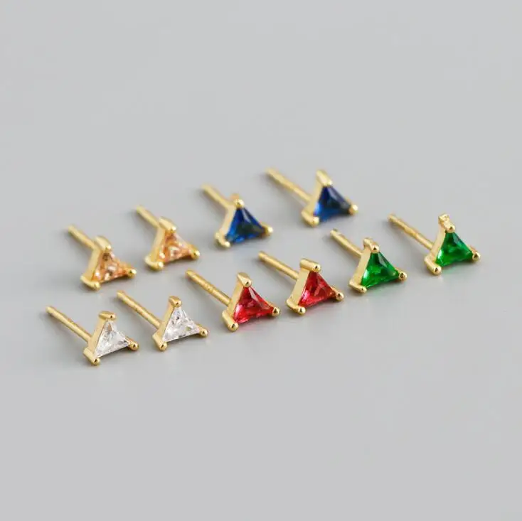 

Trendy Minimalist Cute Gold Triangle Earrings Crystal Cartilage CZ Cubic Zircon Tiny Multi Stone Stud Earrings