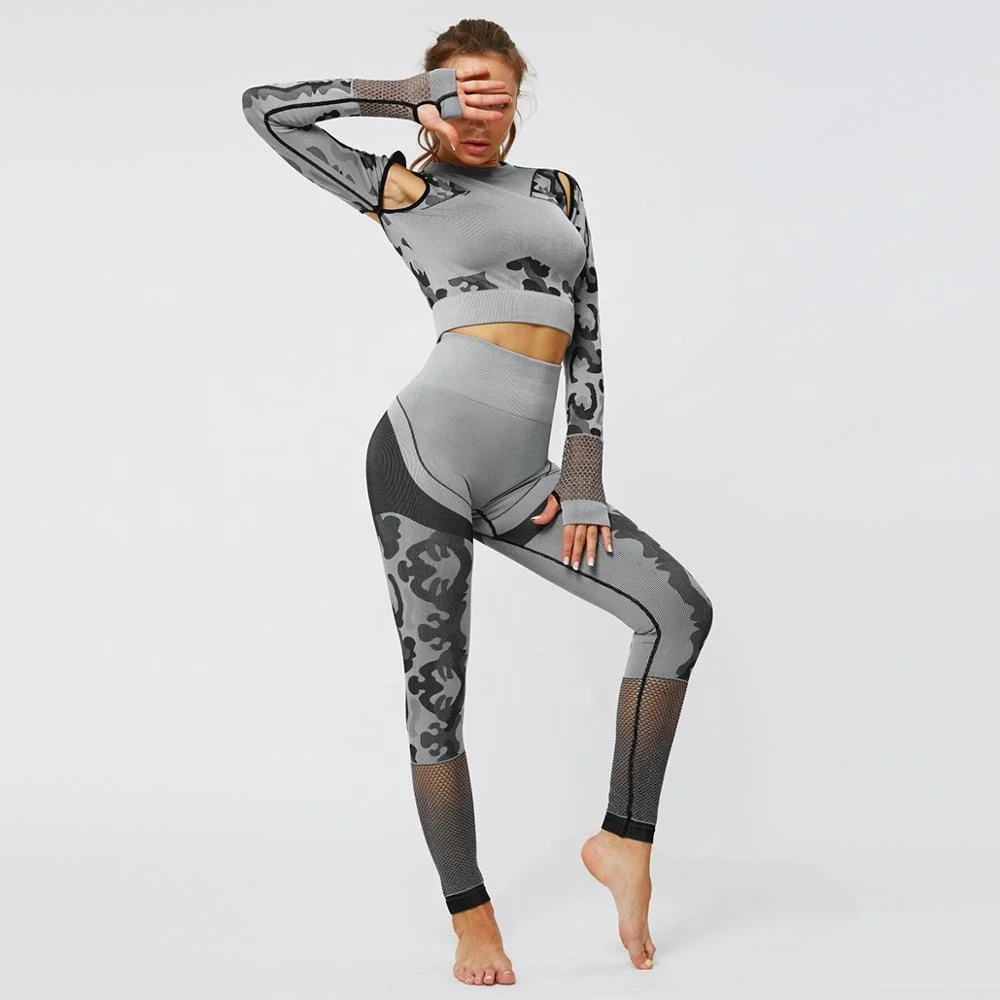 

Custom logo fitness yoga wear women camo hollow out gym crop top seamless leggings