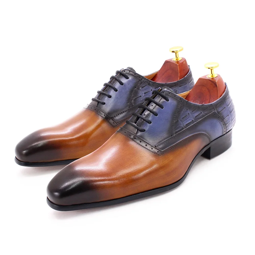 

High quality blue brown color hand made genuine leather men dress shoes oxford for business office