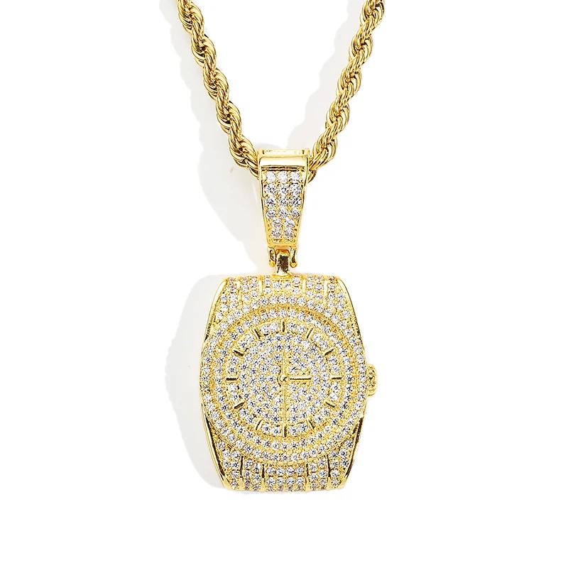 

Designer Iced Out Watch Shaped Bling Bling CZ Gold Hip Hop Pendant UWIN Fashion Rapper Mens Jewelry