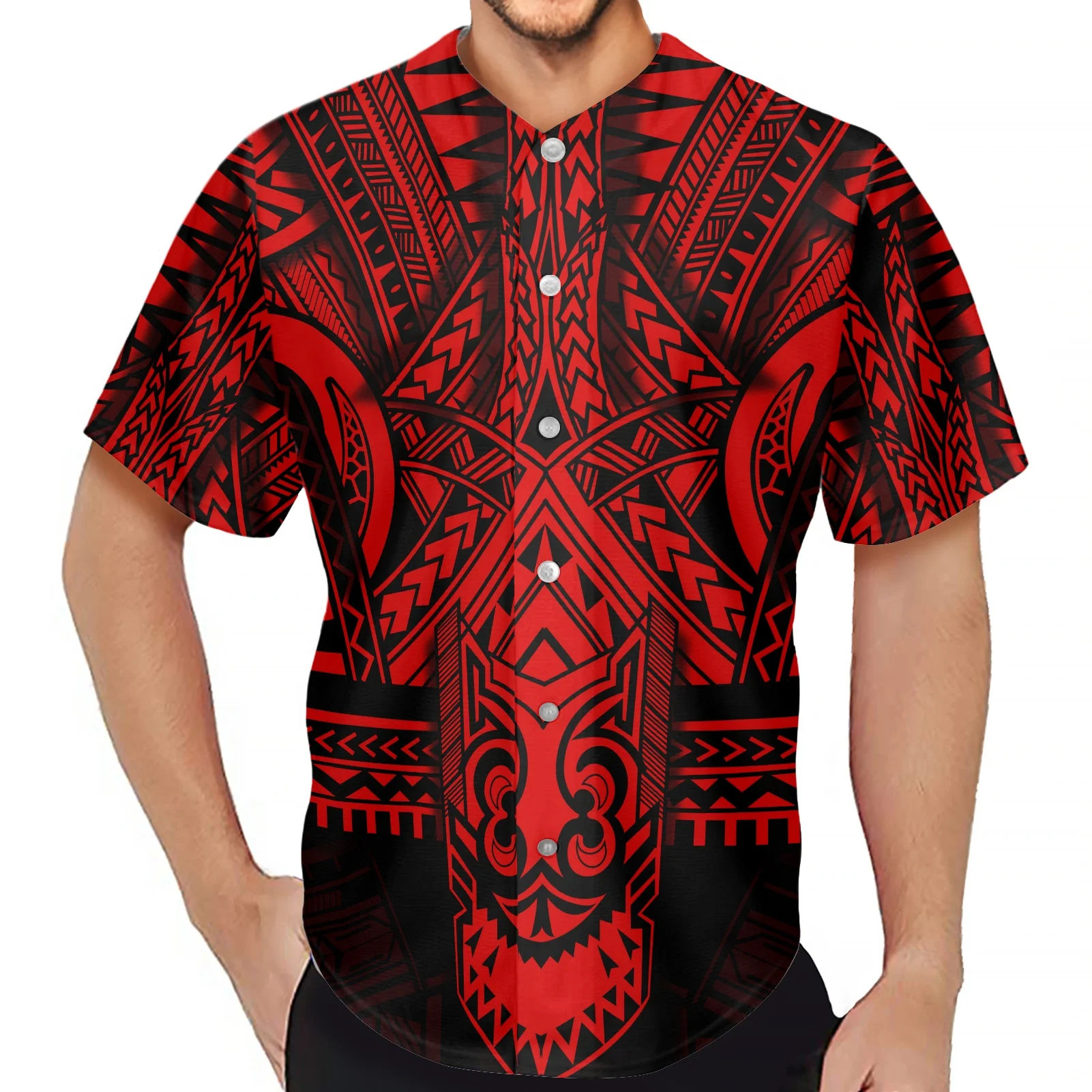 

Baseball T Shirt Men Hight Quality Polynesian Tribal Print Custom Sportswear Mens Top Buttons up Fashion Short Sleeve Sweatshirt, Customized color