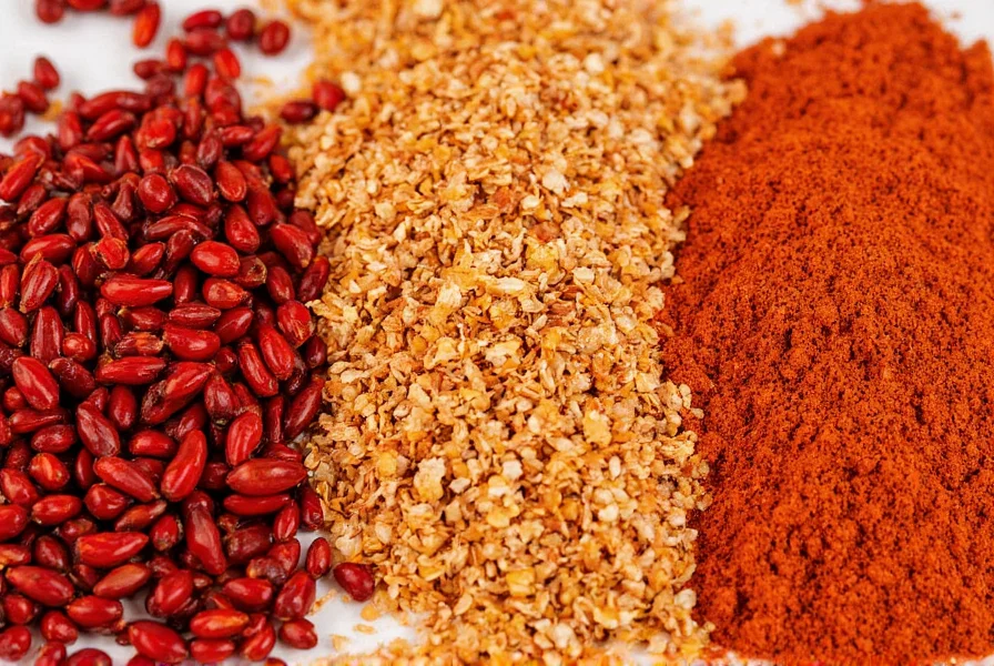 Close-up comparison of crushed chili, chili flakes, and chili powder showing texture differences