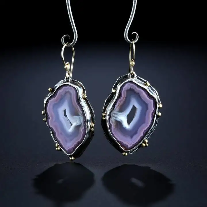 

Vintage Imitation Amethyst Agate Druzy Irregular Geometric Pendant Earrings 925 Silver Jewelry, Purple
