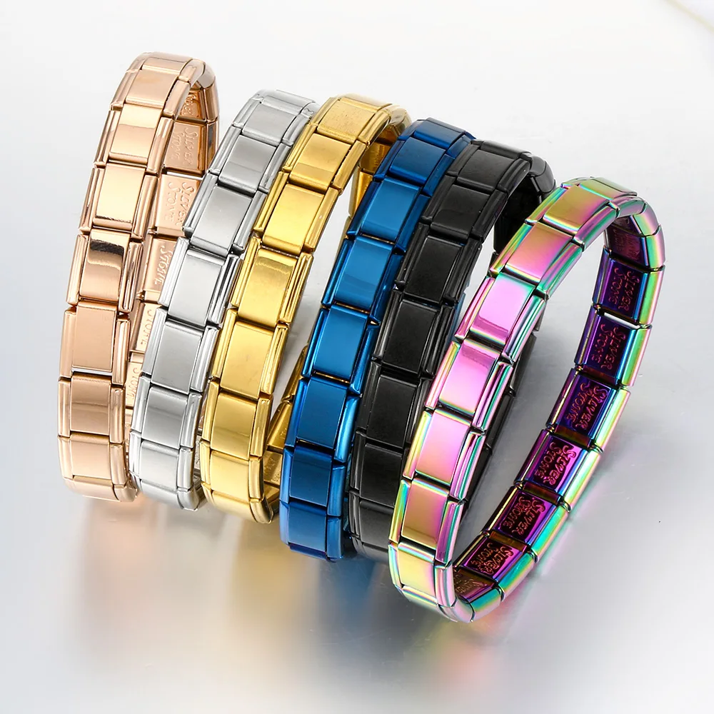 9mm Width Italian Charm Bracelet Fashion Stainless Steel Bangle Elastic Link Chain High Quality Factory DIY