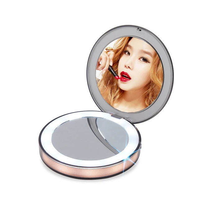 

Personalized portable magnifying compact mirror with led light travel lighted makeup mirror touch sensor, Blue,,pink,rose gold