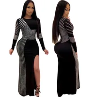 

WA8882 - ladies sexy long sleeve rhinestone slit maxi dress