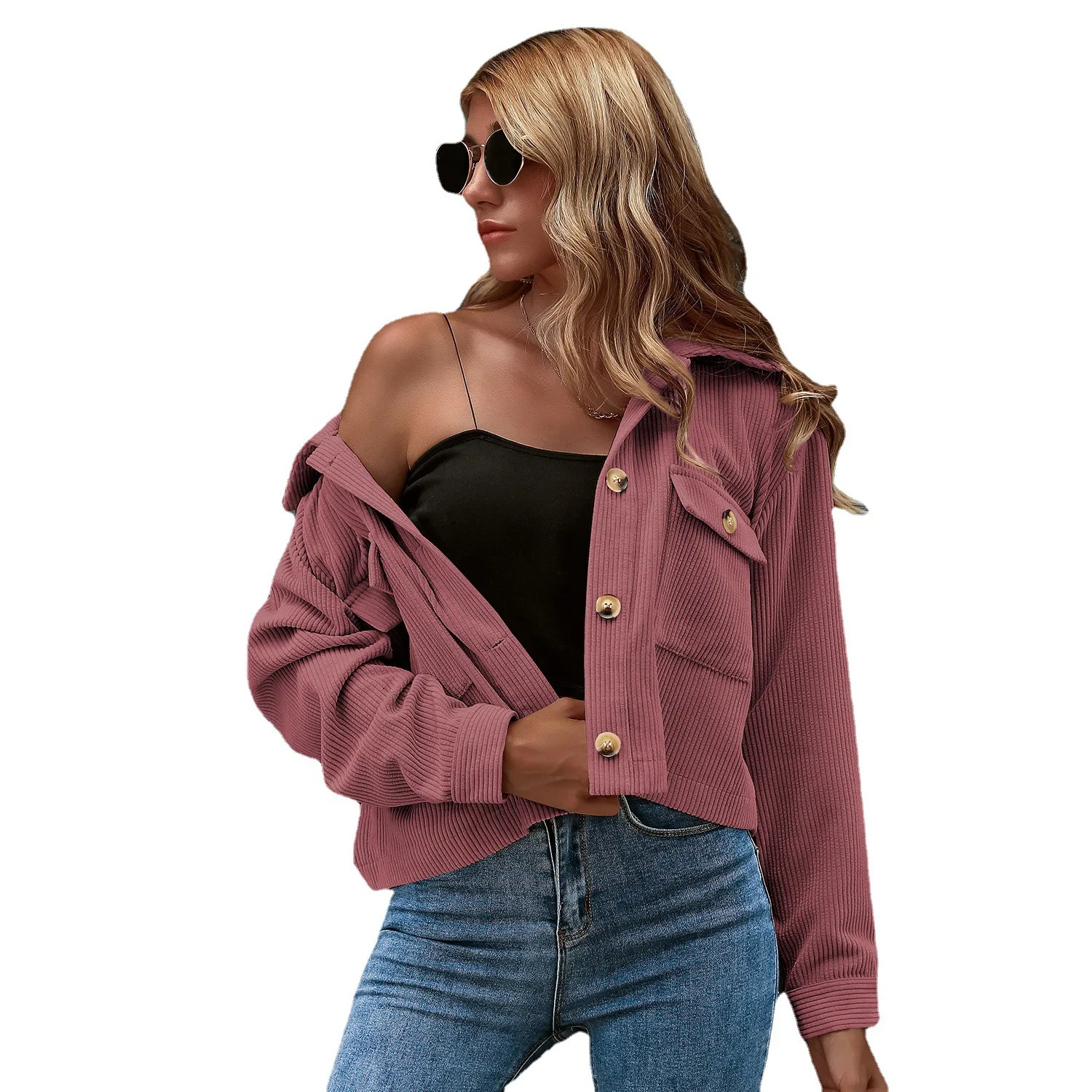 

KX-RX6692 Hot sale town-down collar long sleeve shirt crop top jackets fashion fall coat women corduroy jacket