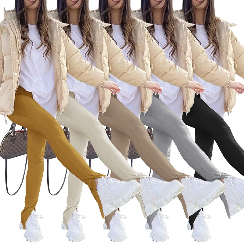 

QZ-HR8160 New Arrival Spring Summer Slim Women Casual Pants With Slit Stretchy Leggings Solid Color Tight Ladies Trousers