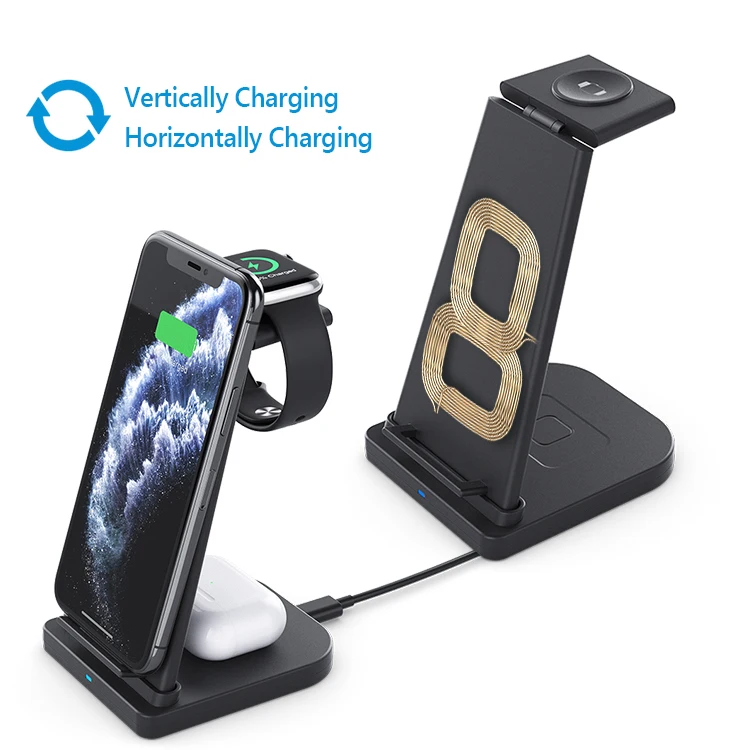 

2021 Amazon Hotsale Foldable Detachable Qi Wireless Charger 3 in 1 Charging Station 15W, Black/white