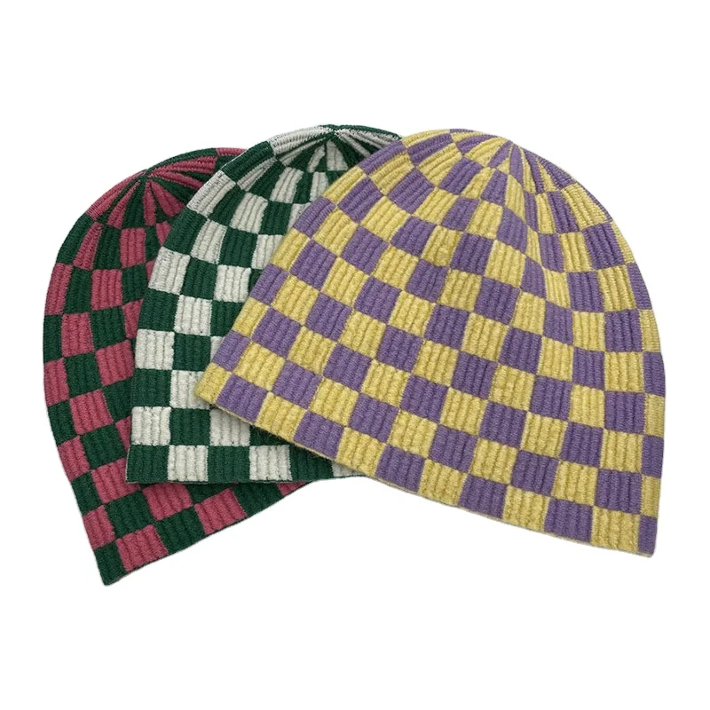 

New Style Checkerboard Jacquard Beanies Warm Knitted Winter Hat Acrylic Plaid Fisherman Beanie Hat