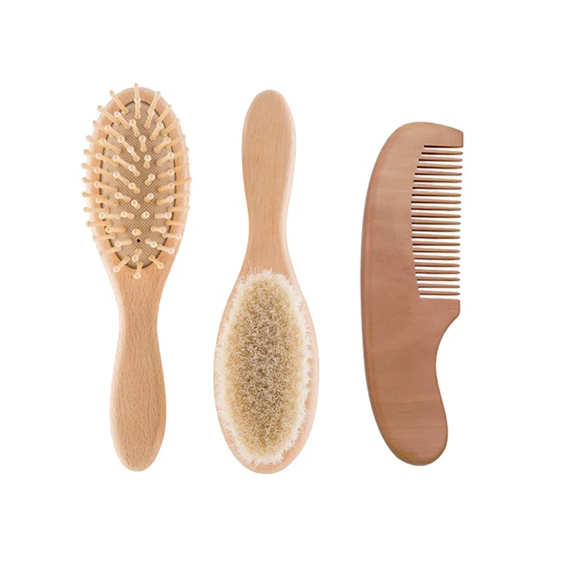 

Natural goat hair baby brush beech wood baby hair brush and comb set