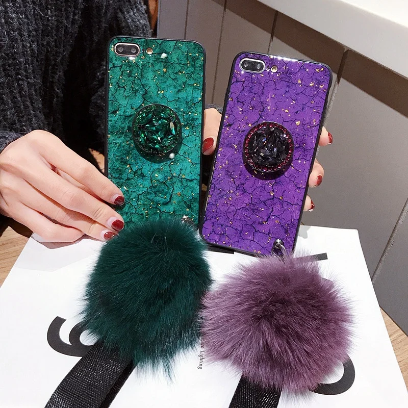 

Epoxy Lanyard Phone Case Gold 2020 Hairball Diamond Marble Foil Hard PC for Iphone 6s Plus 7 8 X