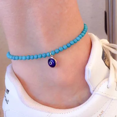 

2020 Hot Sell Simple Blue Turquoise Beads Ankle Bracelet Turkish Blue Evil Eyes Elastic Anklet For Women