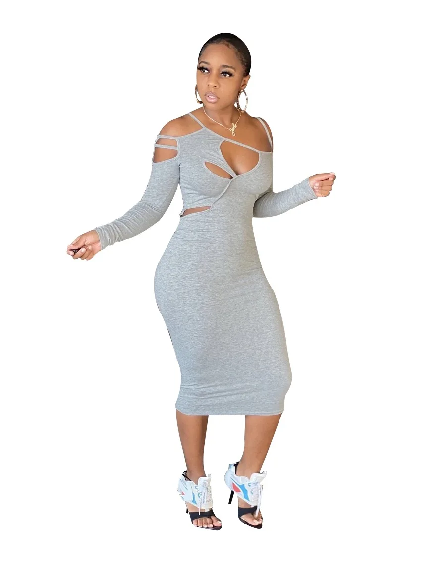 

B14744A 2020 Hot sale autumn winter women sexy hollow out bandage dress, Gray