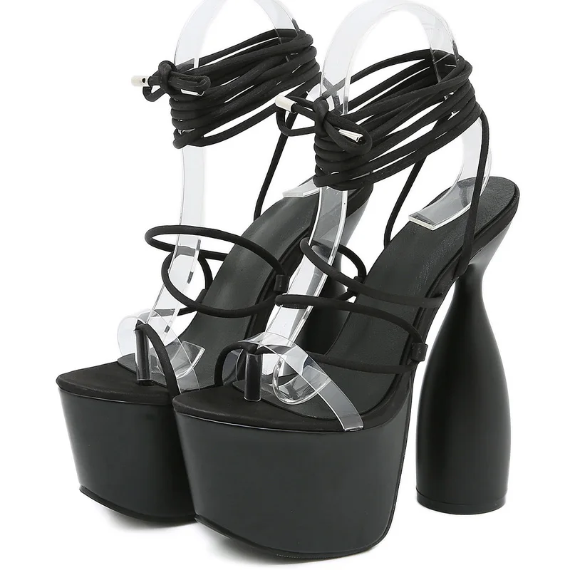 

PVC transparent Strappy Chunky Heels Fashion Women Pinch Peep Toe Ankle Cross Lace-up Platform Sandals Ladies Sandals Shoes