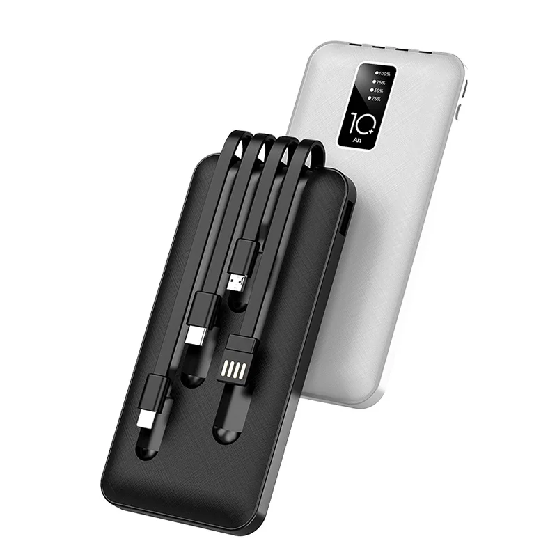 

New arrival hot sale fast charger 4 Output 1 Input built in cable 10000mah power bank, Black;white
