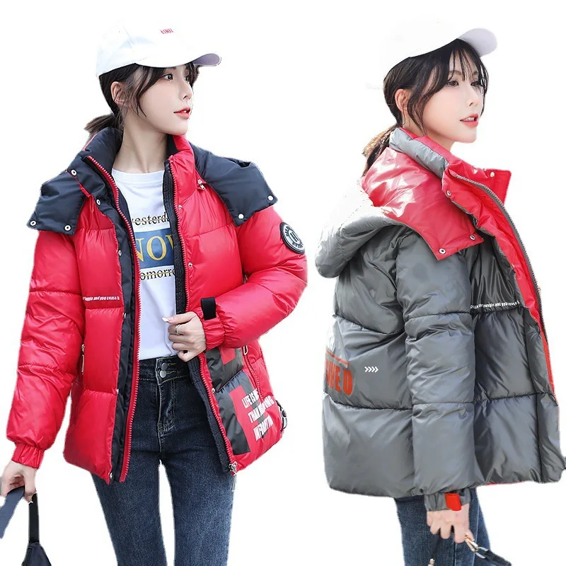 

2021 new fashion women's European and American English bread coat bright printed color cotton-padded jacket women's short, White, khaki, red, gray, black