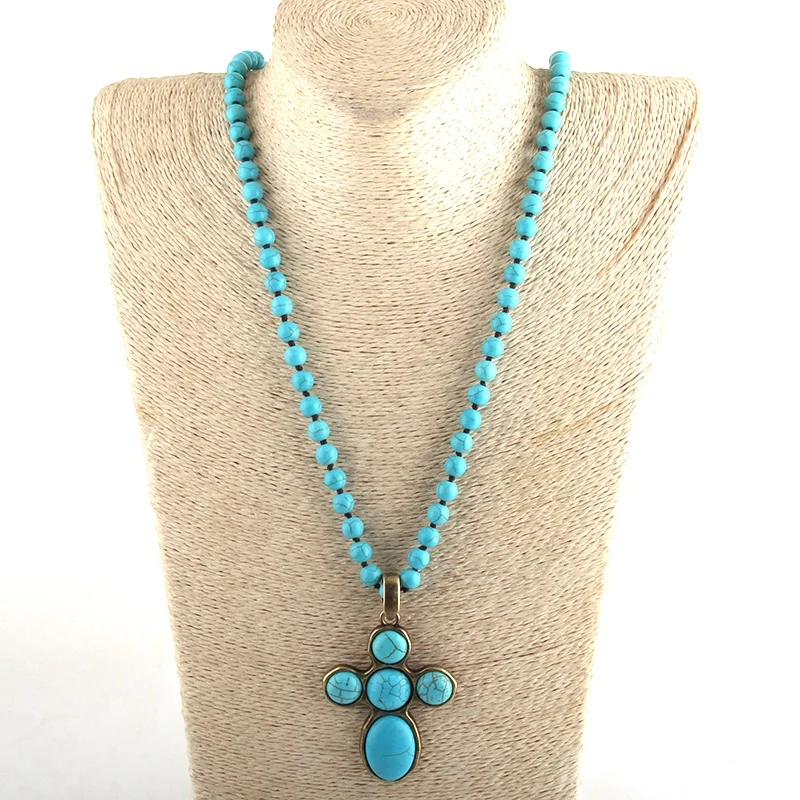 

Fashion Bohemian Jewelry Flat blue Turquoise Stone Long knotted Cross Pendant Necklace
