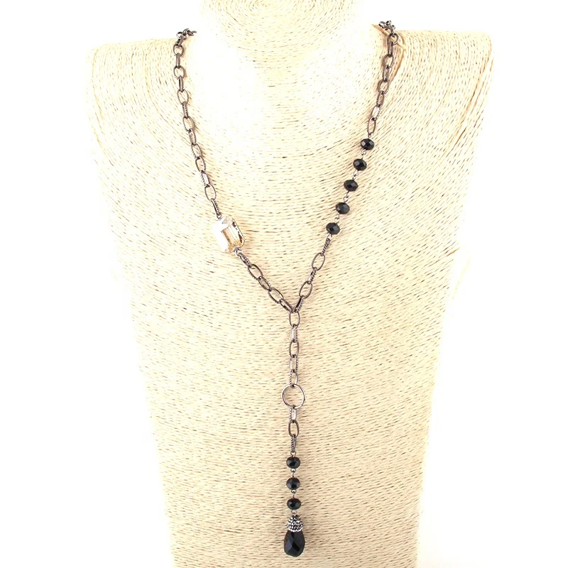 

Fashion Women Jewelry Simply Short Gunmetal Rosary Chain necklace Crystal Drop Pendant Choker Necklace