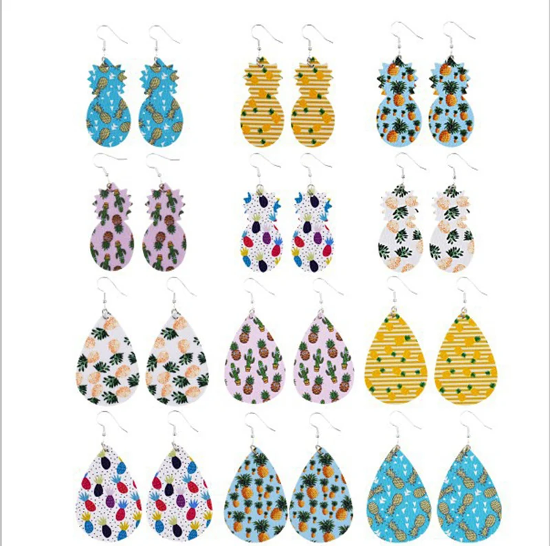 

Summer New PU Leather Dangle Jewelry for Women Simple Fruits Pineapple Water Drop Leather Earrings, Colorful