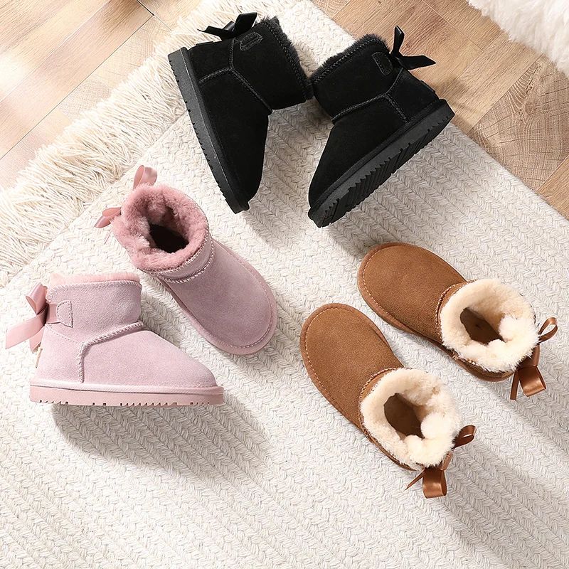 

2021 new waterproof and antiskid children's ribbon bow sheepskin wool kids snow boots