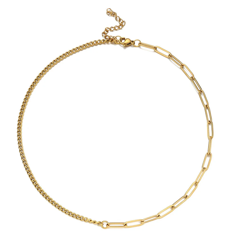 

Hip Hop Fashion Simple Stainless Steel Gold Plated Half Paper Clip Link Half Figaro Chain Necklace Women
